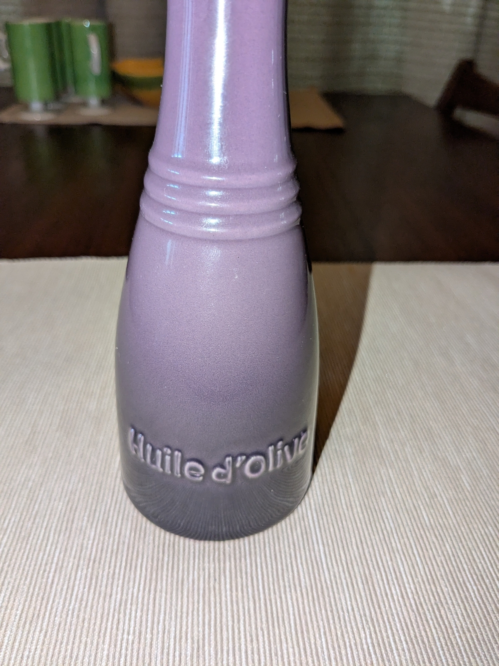 Le Creuset Stoneware Oil Dispenser Cassis Purple Color & Embossed Huile d'olive - Picture 2 of 9